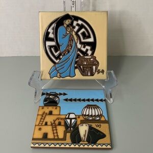 Two Earthtones 1990 Vintage Collectible Hand Painted Tiles 6x6 Trivets Tiles